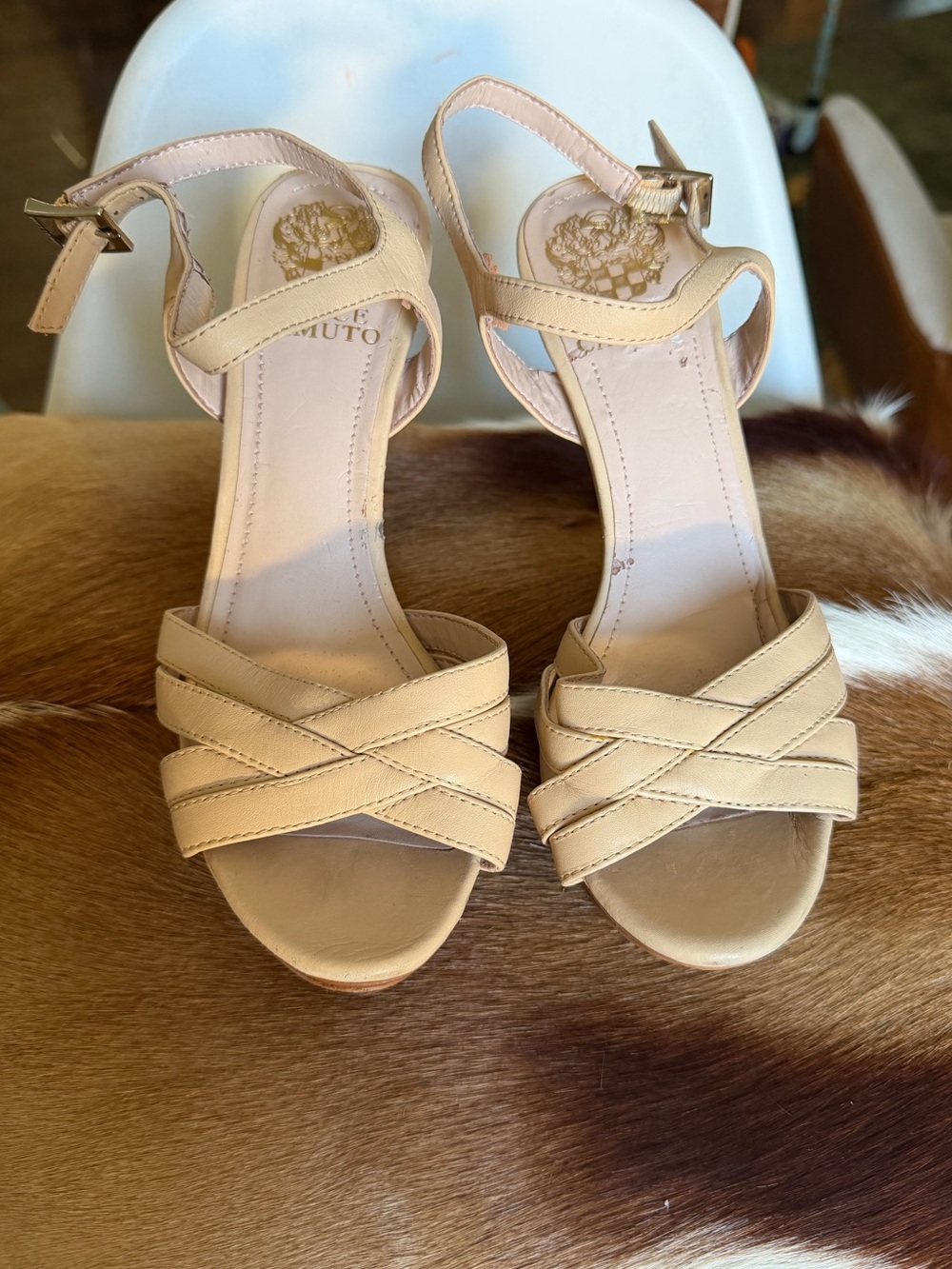 Vince Camuto Nude/Tan Leather Crisscross Ankle-Strap Sandals